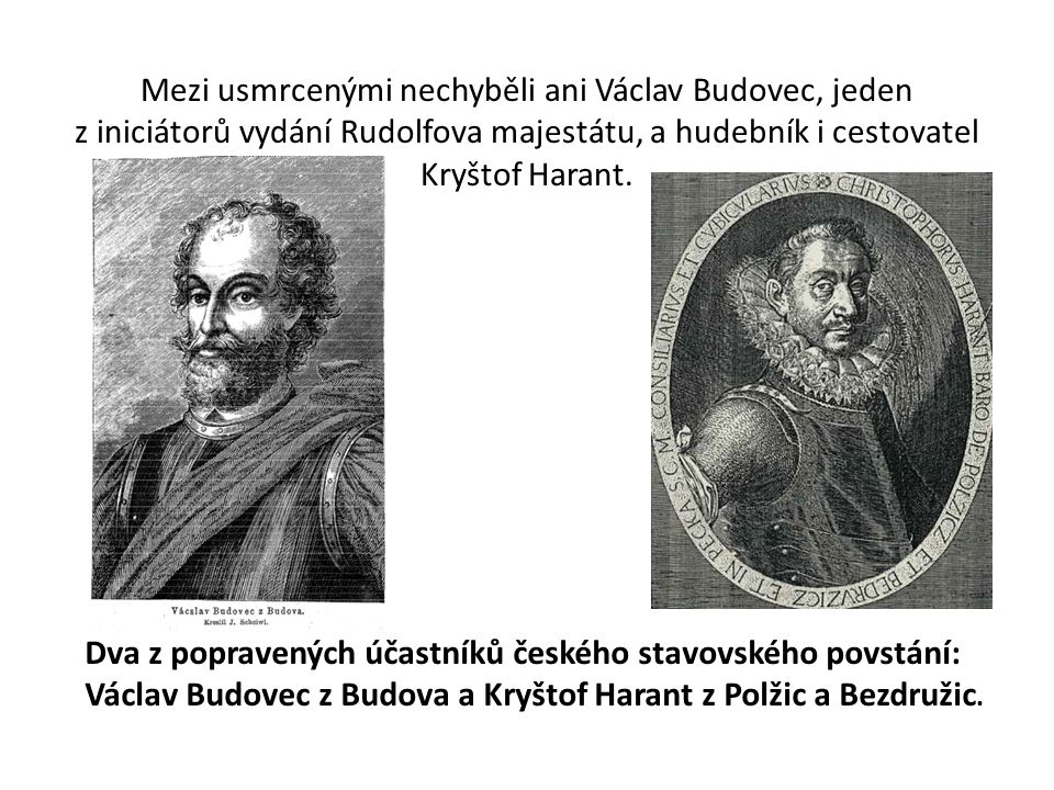 Mezi usmrcenými nechyběli ani Václav Budovec, jeden z iniciátorů vydání Rudolfova majestátu, a hudebník i cestovatel Kryštof Harant.