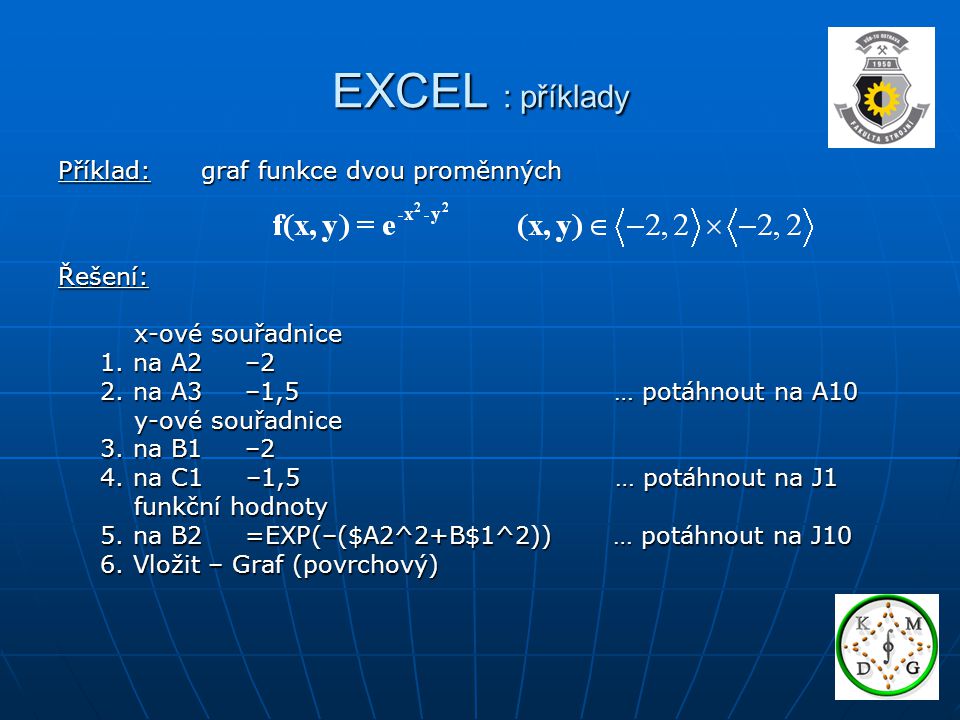 EXCEL : příklady Příklad: graf funkce dvou proměnných Řešení: