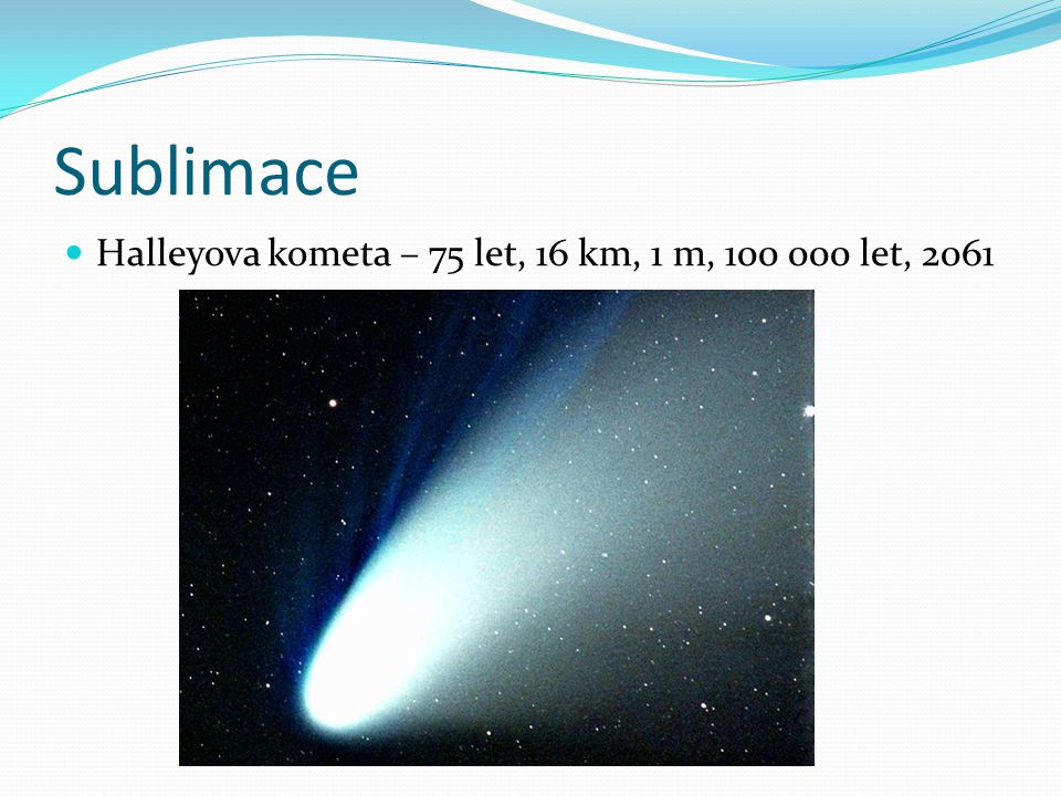 Sublimace Halleyova kometa – 75 let, 16 km, 1 m, let, 2061