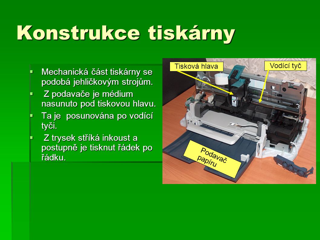 Konstrukce tiskárny Tisková hlava. Vodící tyč. Mechanická část tiskárny se podobá jehličkovým strojům.