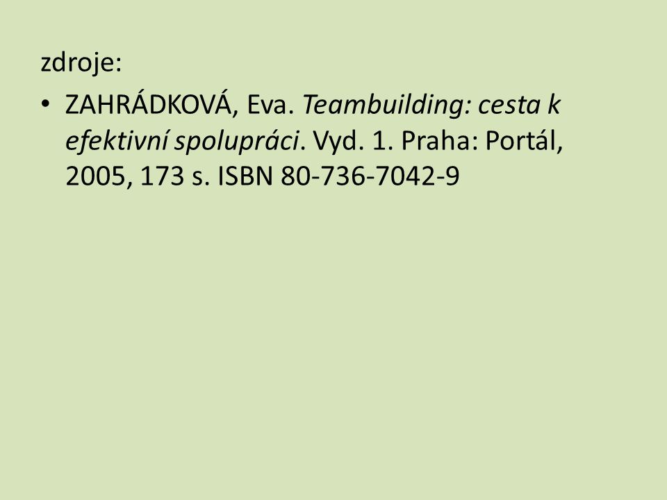 zdroje: ZAHRÁDKOVÁ, Eva. Teambuilding: cesta k efektivní spolupráci.