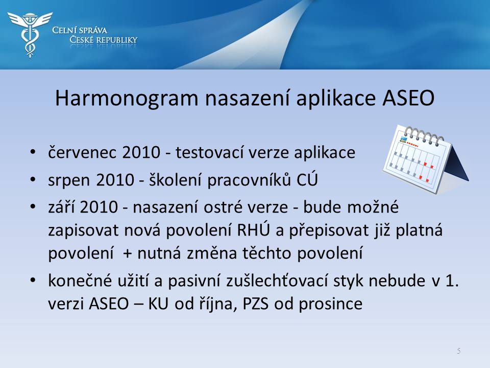 Harmonogram nasazení aplikace ASEO