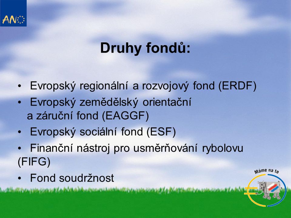 Druhy fondů: Evropský regionální a rozvojový fond (ERDF)