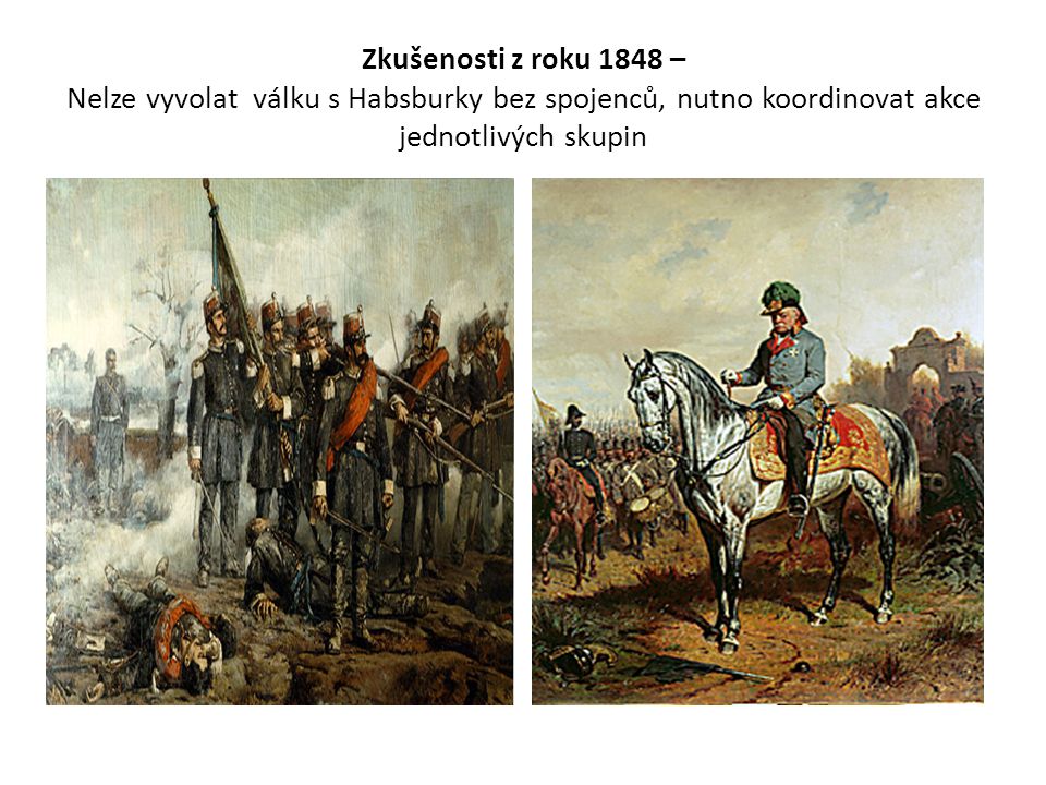 Zkušenosti z roku 1848 – Nelze vyvolat válku s Habsburky bez spojenců, nutno koordinovat akce jednotlivých skupin