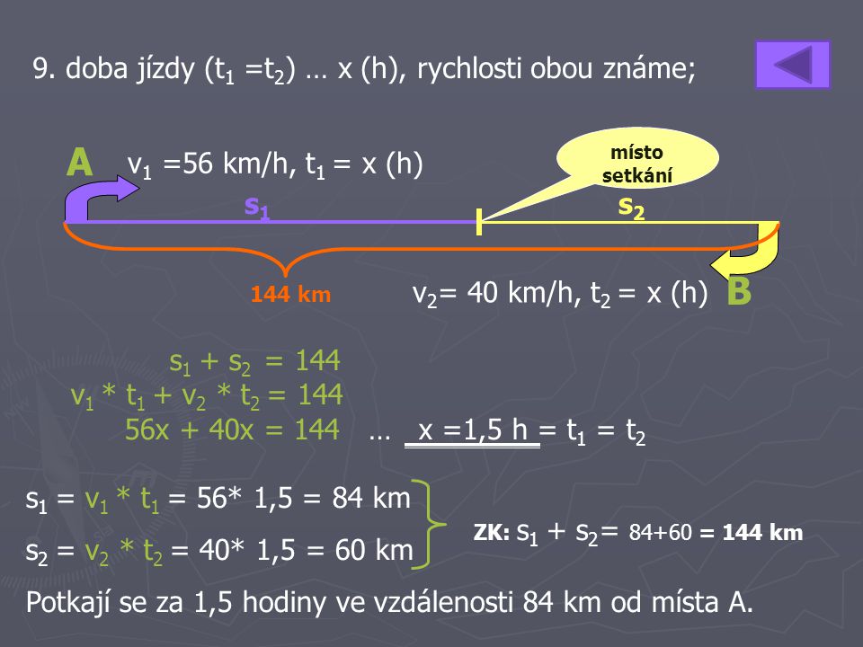 A B 9. doba jízdy (t1 =t2) … x (h), rychlosti obou známe;