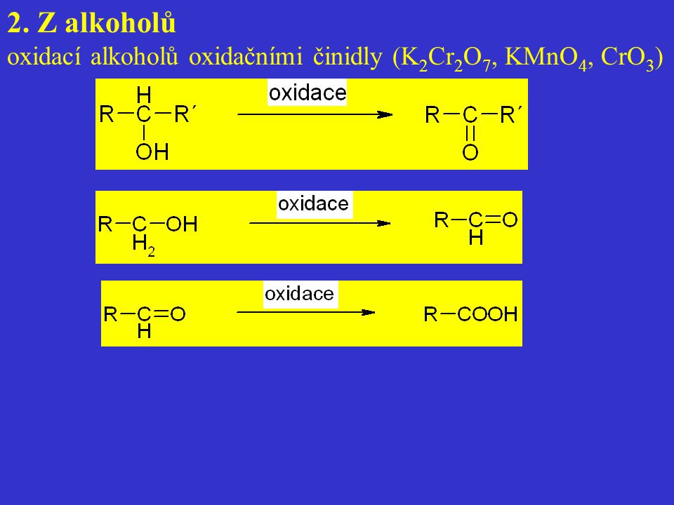 2. Z alkoholů oxidací alkoholů oxidačními činidly (K2Cr2O7, KMnO4, CrO3)