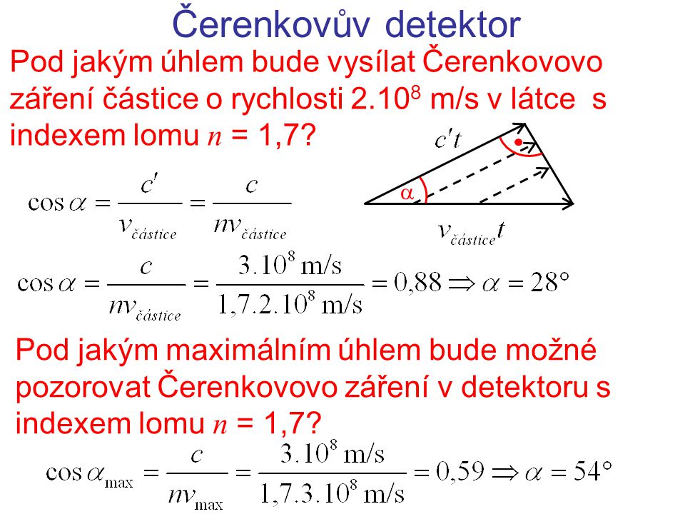 Čerenkovův detektor Pod jakým úhlem bude vysílat Čerenkovovo záření částice o rychlosti m/s v látce s indexem lomu n = 1,7