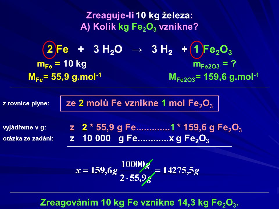 2 Fe + 3 H2O → 3 H2 + 1 Fe2O3 Zreaguje-li 10 kg železa:
