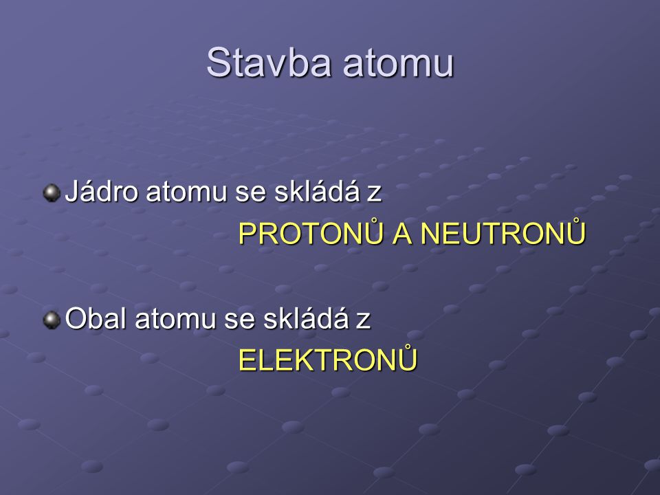 Stavba atomu Jádro atomu se skládá z PROTONŮ A NEUTRONŮ
