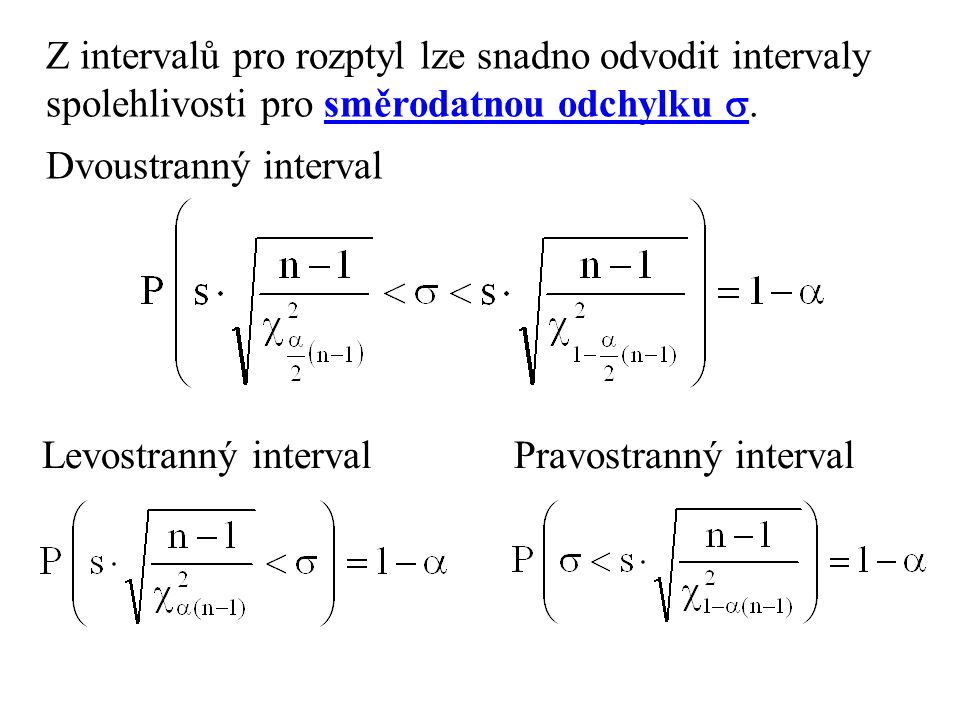 Z intervalů pro rozptyl lze snadno odvodit intervaly spolehlivosti pro směrodatnou odchylku .
