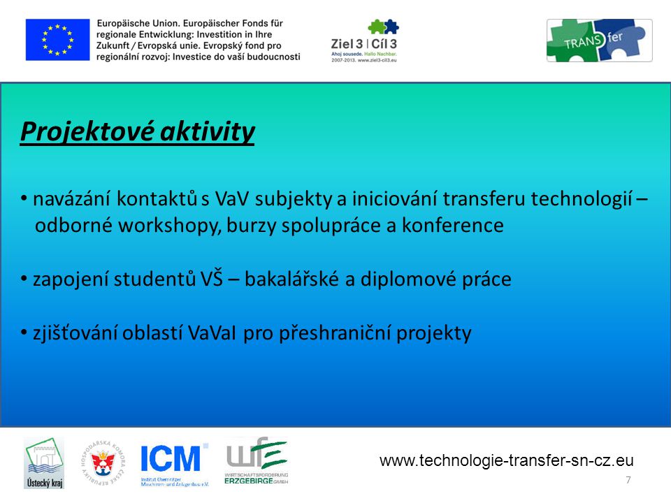 Projektové aktivity navázání kontaktů s VaV subjekty a iniciování transferu technologií – odborné workshopy, burzy spolupráce a konference.