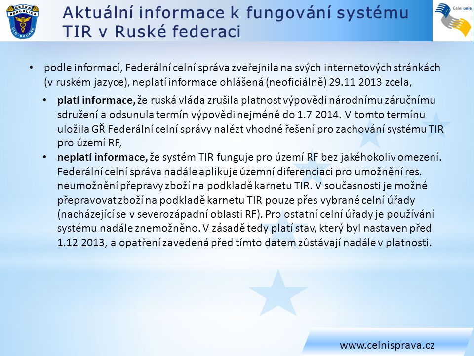 Aktuální informace k fungování systému TIR v Ruské federaci