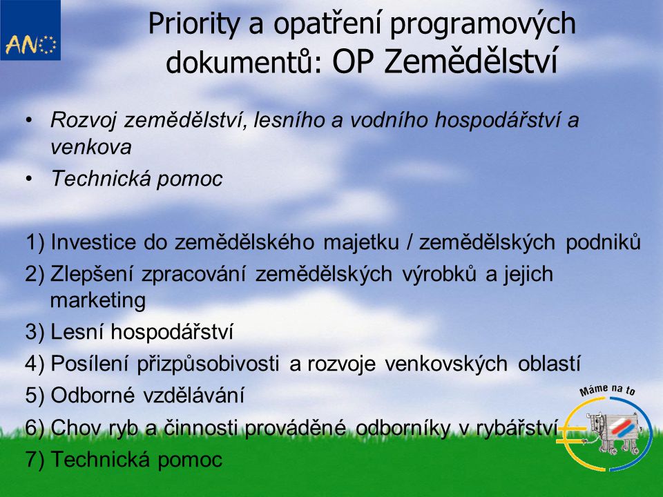 Priority a opatření programových dokumentů: OP Zemědělství