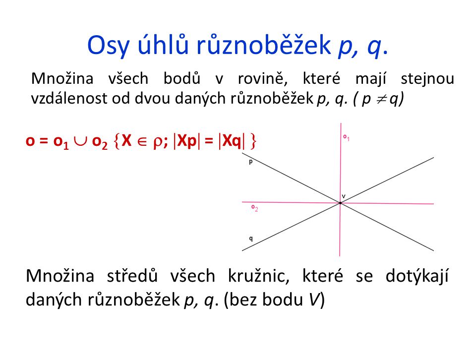 Osy úhlů různoběžek p, q. Množina všech bodů v rovině, které mají stejnou vzdálenost od dvou daných různoběžek p, q. ( p  q)