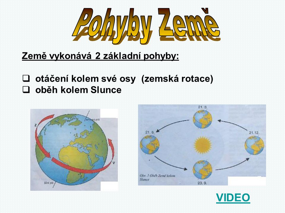 Pohyby Země VIDEO Země vykonává 2 základní pohyby: