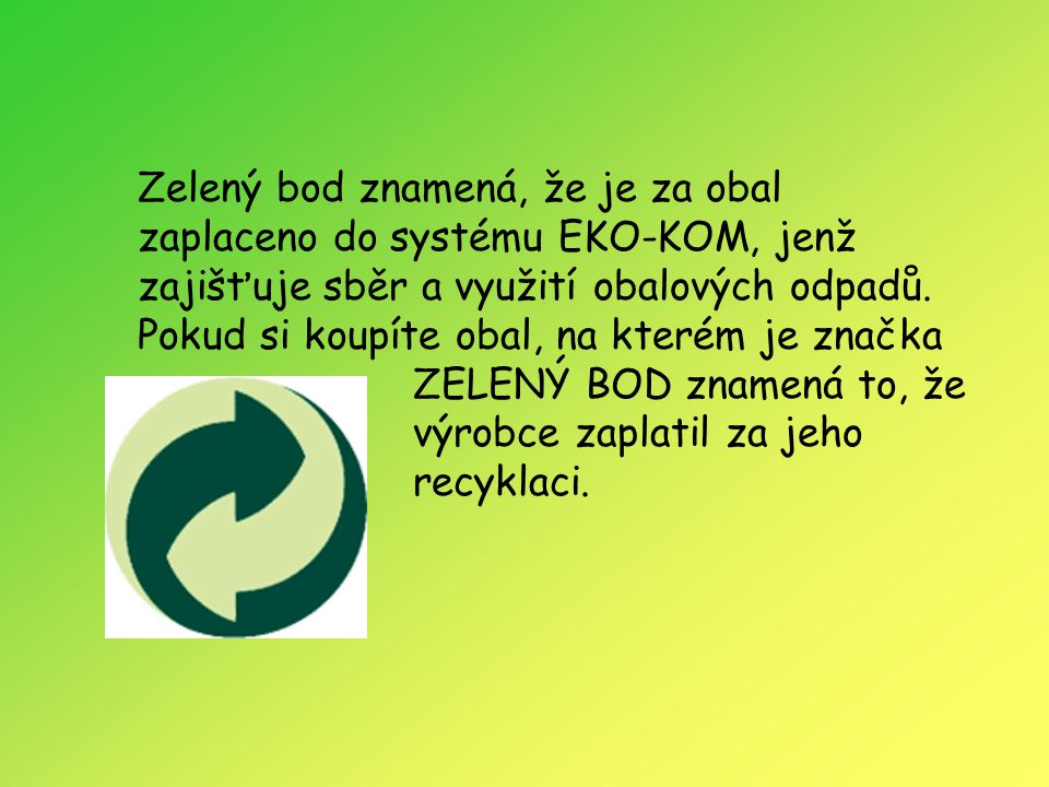 Zelený bod znamená, že je za obal zaplaceno do systému EKO-KOM, jenž zajišťuje sběr a využití obalových odpadů.