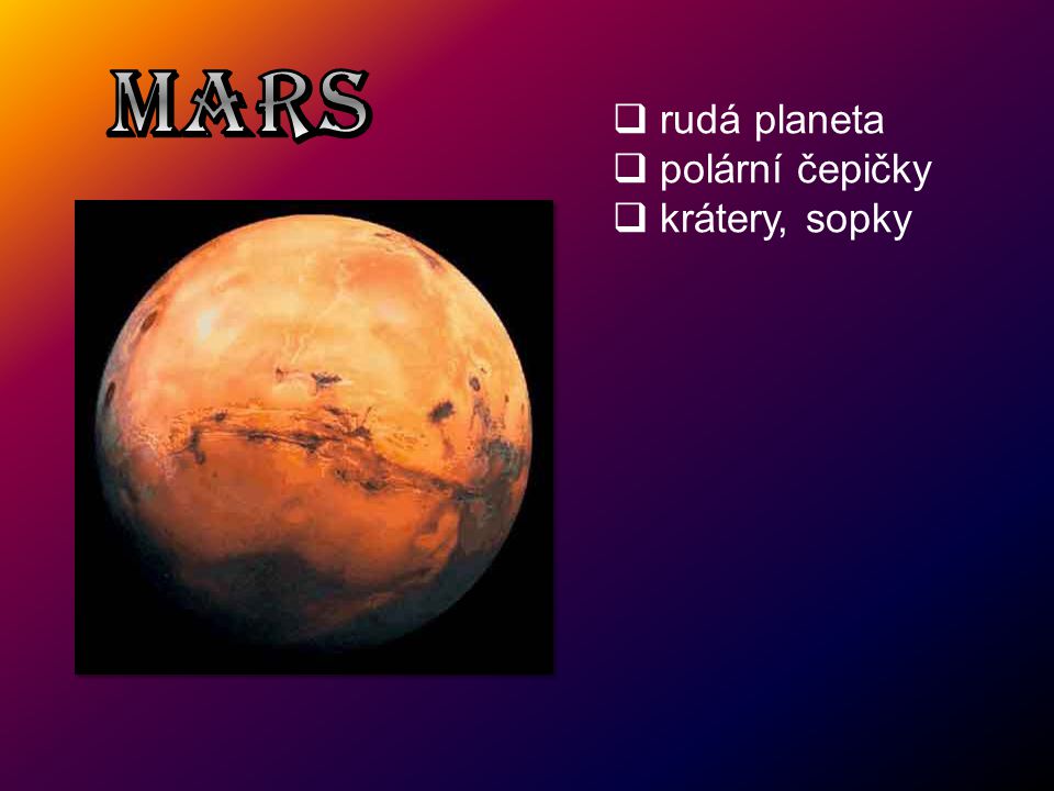 MARS rudá planeta polární čepičky krátery, sopky