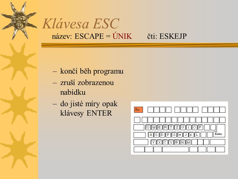 Klávesa ESC název: ESCAPE = ÚNIK čti: ESKEJP končí běh programu