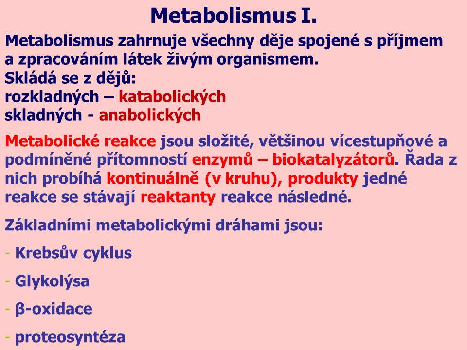 Metabolismus I. Metabolismus zahrnuje všechny děje spojené s příjmem