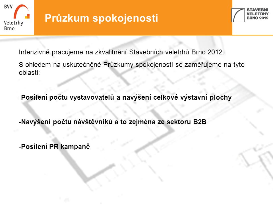Průzkum spokojenosti Intenzivně pracujeme na zkvalitnění Stavebních veletrhů Brno