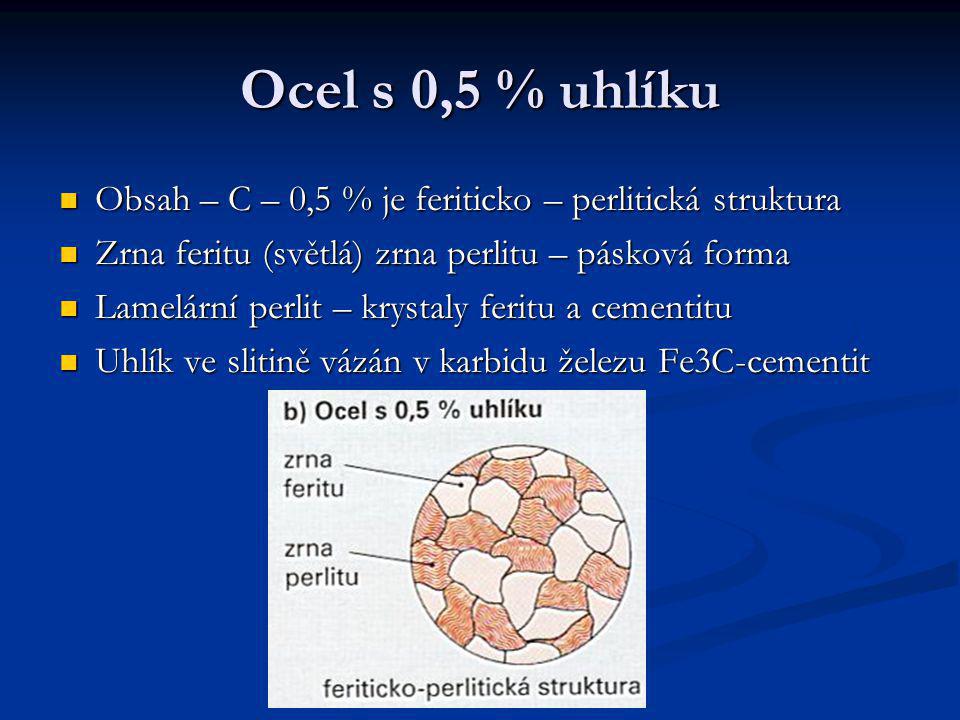 Ocel s 0,5 % uhlíku Obsah – C – 0,5 % je feriticko – perlitická struktura. Zrna feritu (světlá) zrna perlitu – pásková forma.