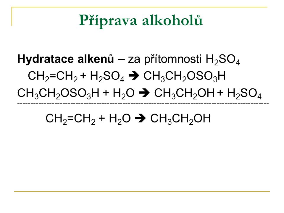 Příprava alkoholů Hydratace alkenů – za přítomnosti H2SO4
