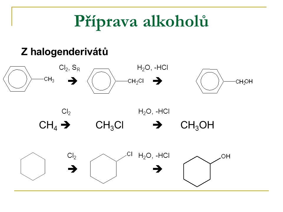 Příprava alkoholů Z halogenderivátů Cl2, SR H2O, -HCl  