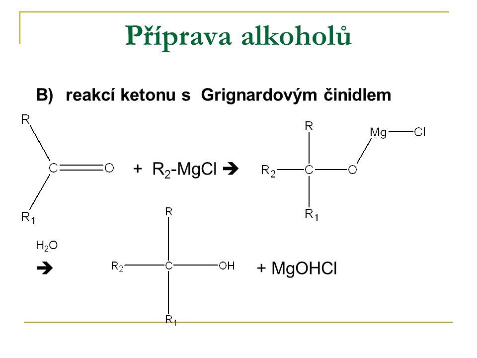 Příprava alkoholů B) reakcí ketonu s Grignardovým činidlem + R2-MgCl 