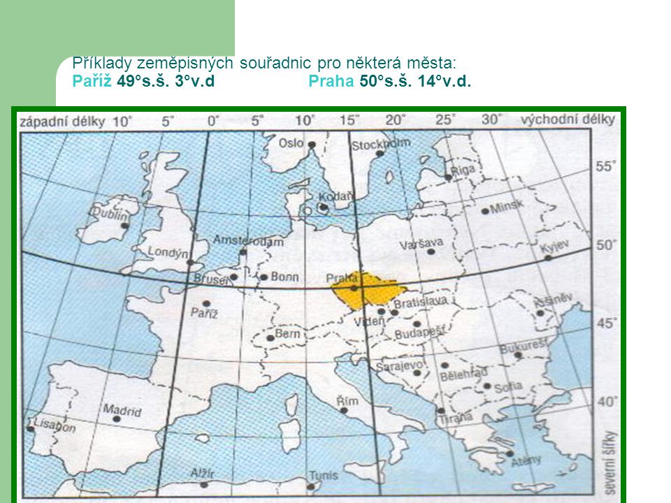 Příklady zeměpisných souřadnic pro některá města: Paříž 49°s. š. 3°v