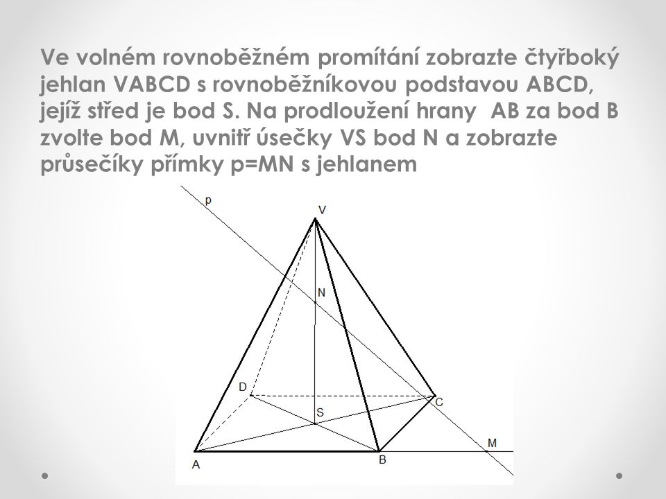 Ve volném rovnoběžném promítání zobrazte čtyřboký jehlan VABCD s rovnoběžníkovou podstavou ABCD, jejíž střed je bod S.