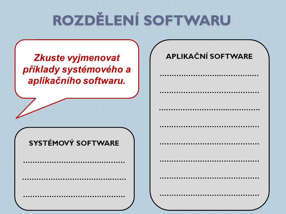Zkuste vyjmenovat příklady systémového a aplikačního softwaru.