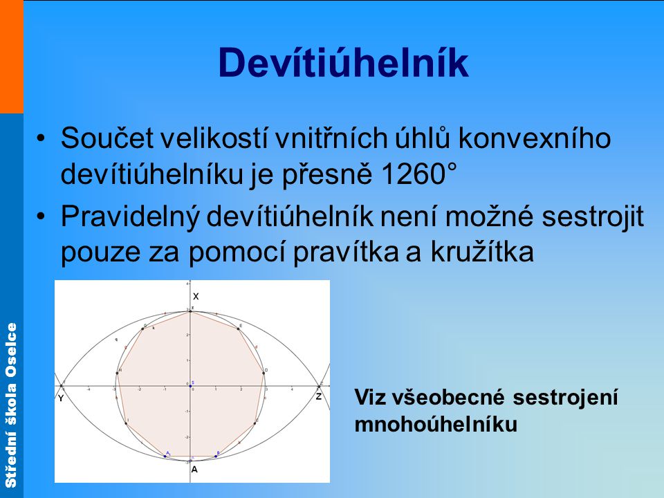 Devítiúhelník Součet velikostí vnitřních úhlů konvexního devítiúhelníku je přesně 1260°