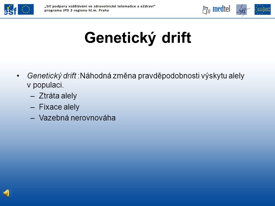 Genetický drift Genetický drift :Náhodná změna pravděpodobnosti výskytu alely v populaci. Ztráta alely.