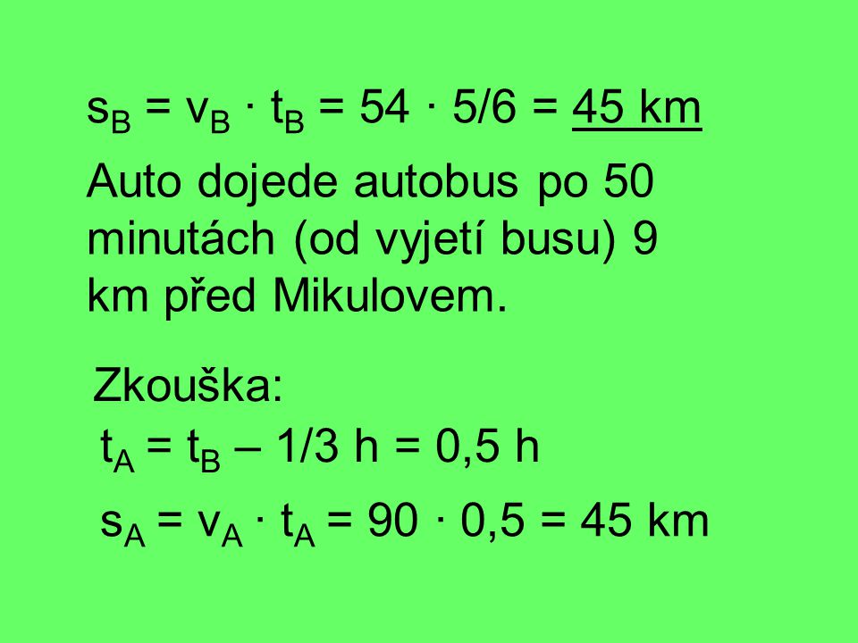 sB = vB · tB = 54 · 5/6 = 45 km Auto dojede autobus po 50 minutách (od vyjetí busu) 9 km před Mikulovem.