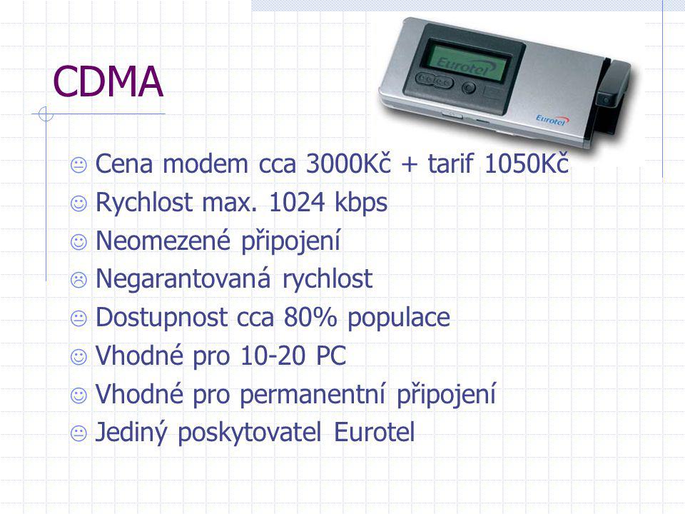 CDMA Cena modem cca 3000Kč + tarif 1050Kč Rychlost max kbps