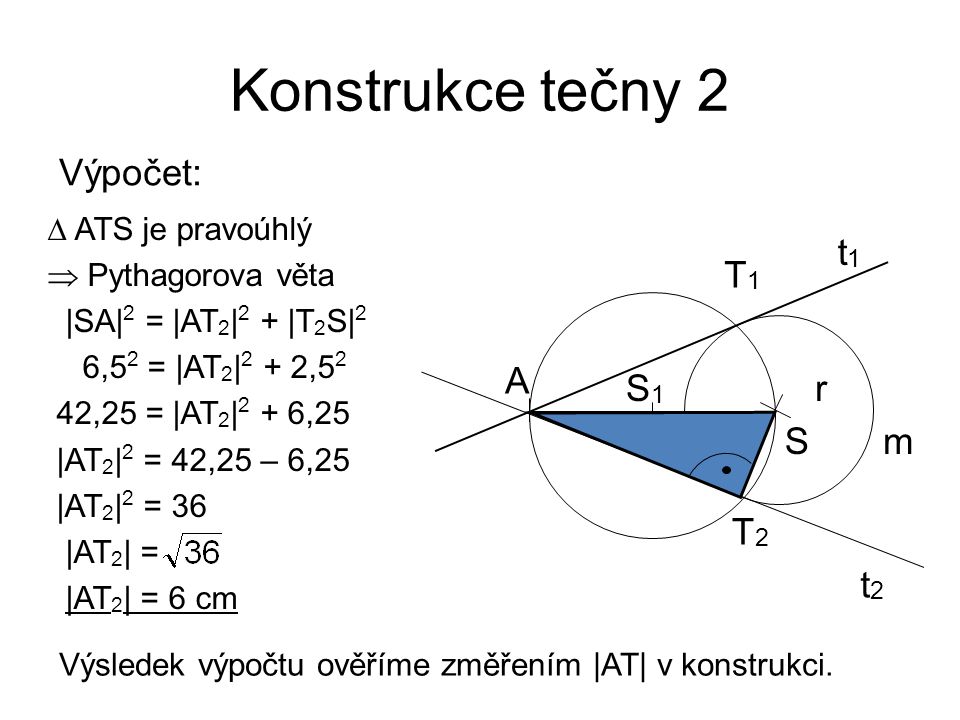 Konstrukce tečny 2 Výpočet: t1 T1 A S1 r S m T2 t2  ATS je pravoúhlý