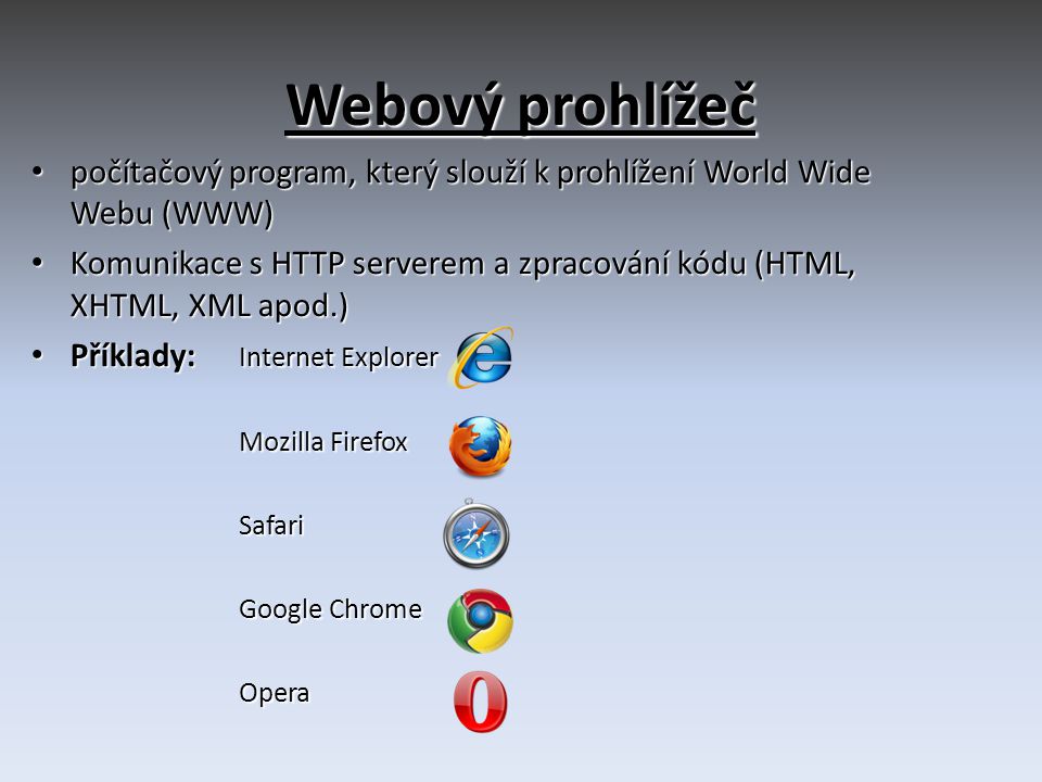 Webový prohlížeč počítačový program, který slouží k prohlížení World Wide Webu (WWW)