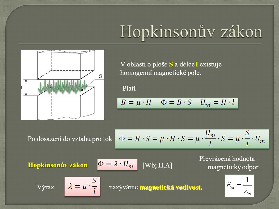 Hopkinsonův zákon V oblasti o ploše S a délce l existuje homogenní magnetické pole. Platí. Po dosazení do vztahu pro tok.