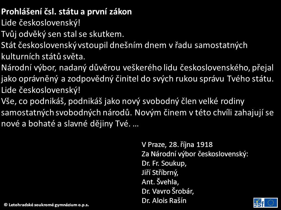 Prohlášení čsl. státu a první zákon Lide československý!