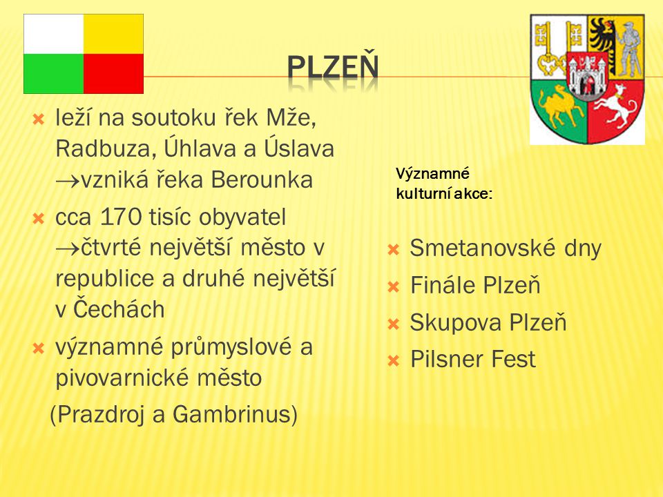 Plzeň leží na soutoku řek Mže, Radbuza, Úhlava a Úslava vzniká řeka Berounka.