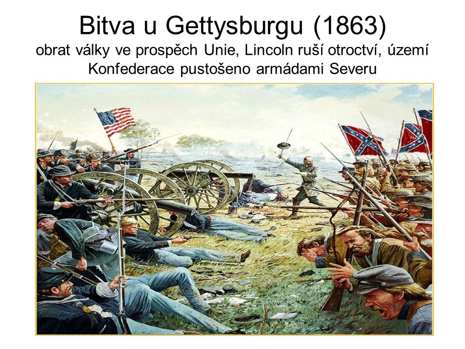 Bitva u Gettysburgu (1863) obrat války ve prospěch Unie, Lincoln ruší otroctví, území Konfederace pustošeno armádami Severu