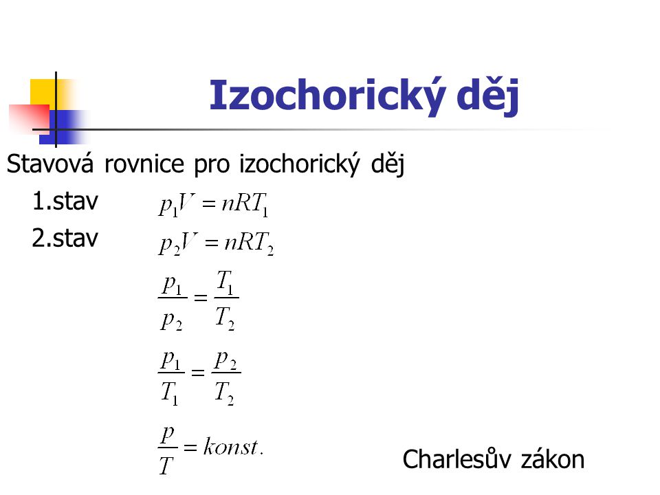 Izochorický děj Stavová rovnice pro izochorický děj 1.stav 2.stav