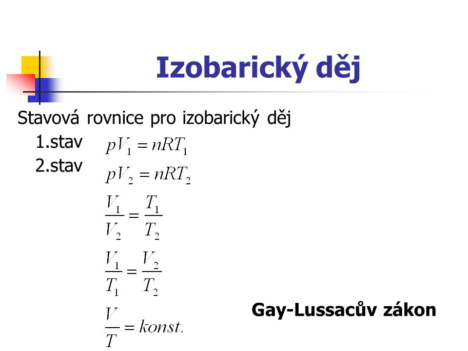 Izobarický děj Stavová rovnice pro izobarický děj 1.stav 2.stav