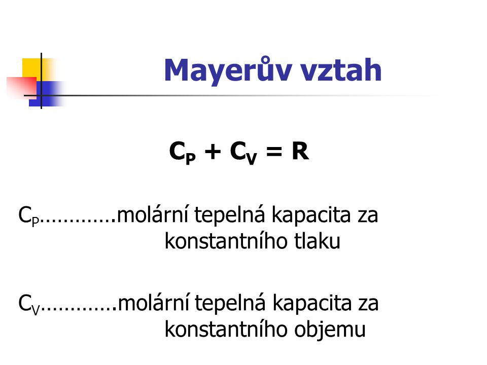 Mayerův vztah CP + CV = R. CP………….molární tepelná kapacita za konstantního tlaku.