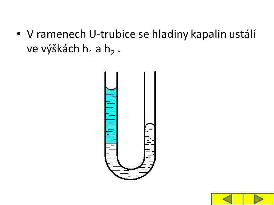 V ramenech U-trubice se hladiny kapalin ustálí ve výškách h1 a h2 .