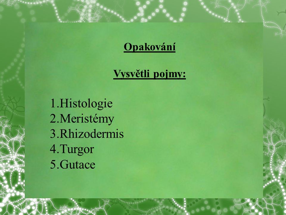 1.Histologie 2.Meristémy 3.Rhizodermis 4.Turgor 5.Gutace Opakování