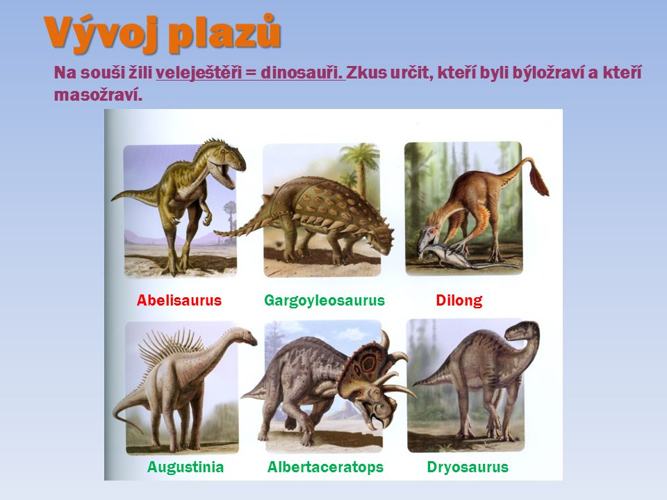 Vývoj plazů Na souši žili veleještěři = dinosauři. Zkus určit, kteří byli býložraví a kteří. masožraví.