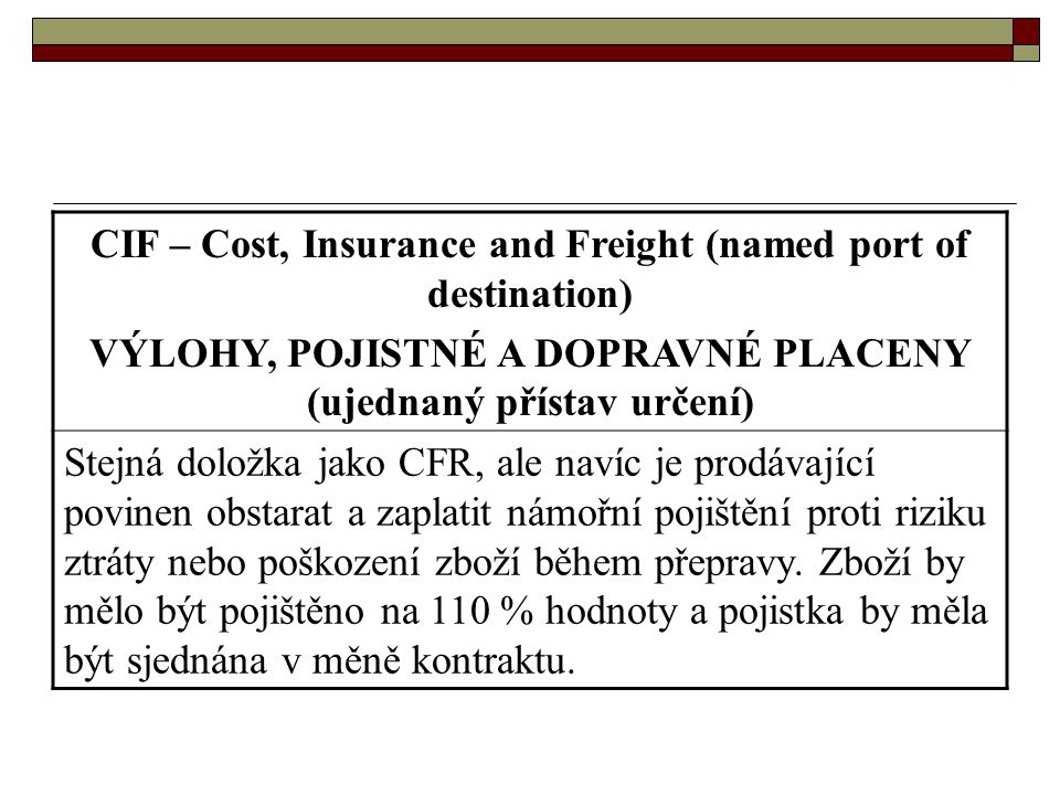 CIF – Cost, Insurance and Freight (named port of destination)