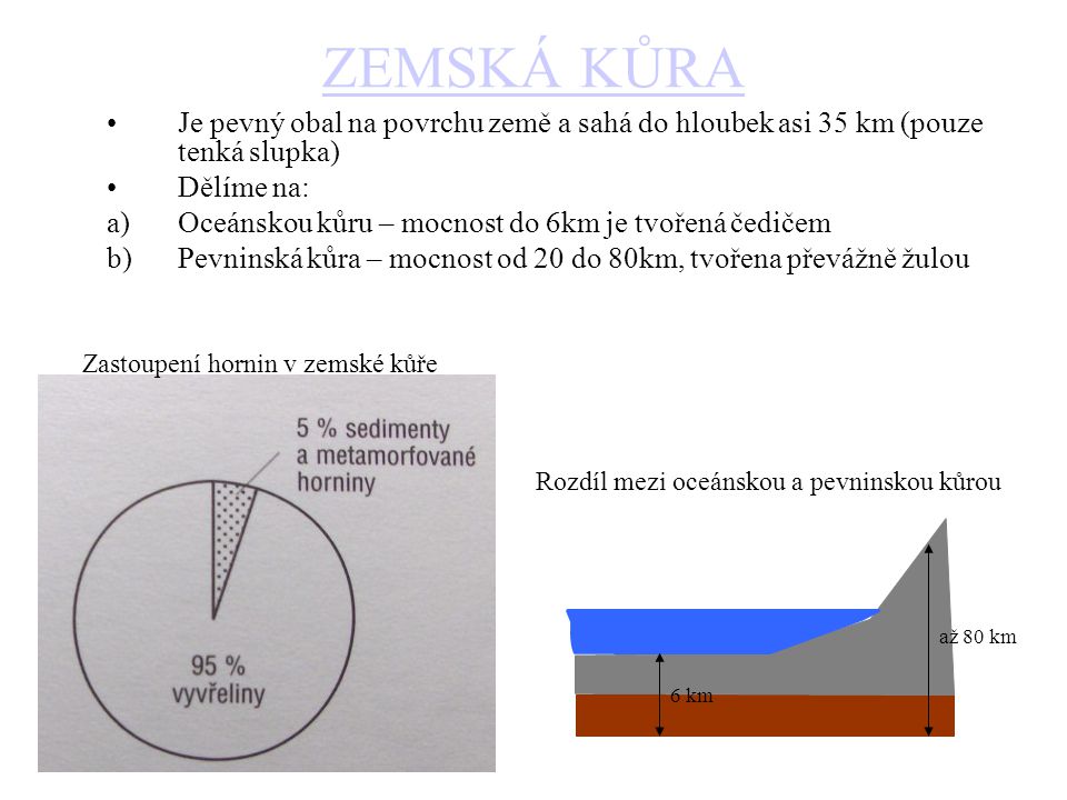 ZEMSKÁ KŮRA Je pevný obal na povrchu země a sahá do hloubek asi 35 km (pouze tenká slupka) Dělíme na: