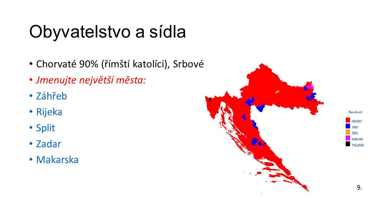 Obyvatelstvo a sídla Chorvaté 90% (římští katolíci), Srbové